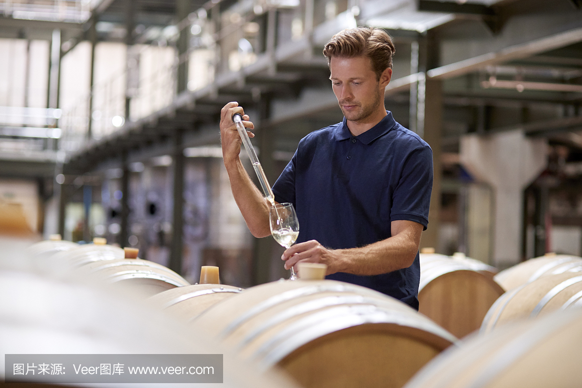 一個(gè)年輕人在葡萄酒工廠的倉(cāng)庫(kù)里測(cè)試葡萄酒